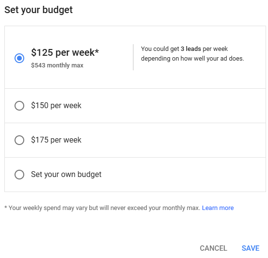 budget settings of google guaranteed ads to get leads