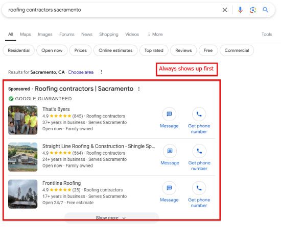 roofing companies showing up first with google guaranteed