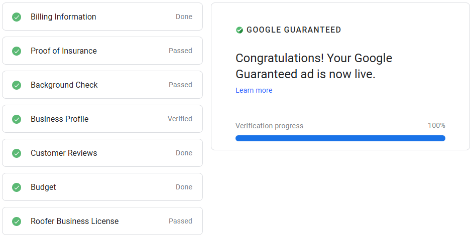 successful google guaranteed ad with verification progress at 100%