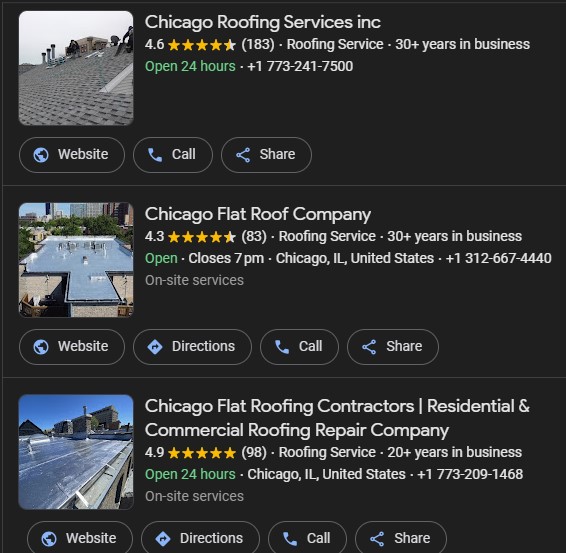 google local listing of chicago showcasing businesses with the word 'Chicago' in it