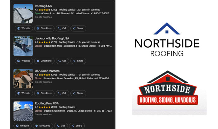 two roofing companies with the same name 'northside' and roof companies on the google listing