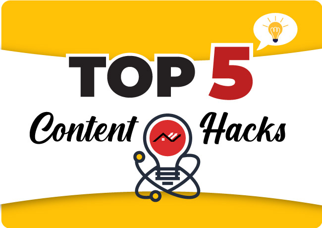 A yellow and red graphic with the text 'Top 5 Content Hacks,' illustrating a guide for roofers on using interactive content to attract links
