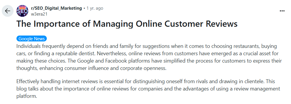 'the importance of managing online cutomers reviews 'on reddit