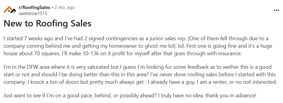  r/RoofingSales community shares practical roofing advide