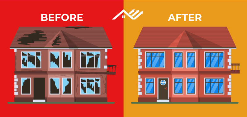 before and after cartoon graphic of a completed roofing repair project 